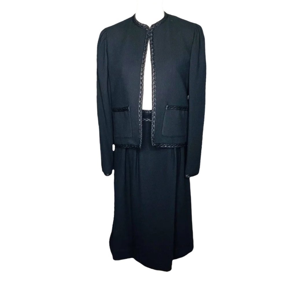 Limited Editions 60s Wool Skirt Suit Embroidered Piping Details Black EUC VINTG - Picture 2 of 13